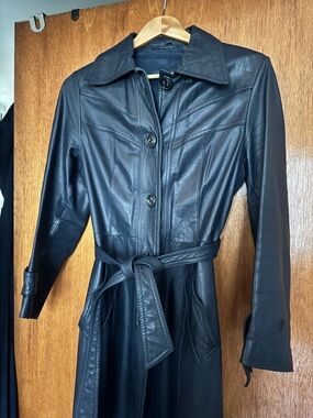 Blue Leather Trench Coat with Belt